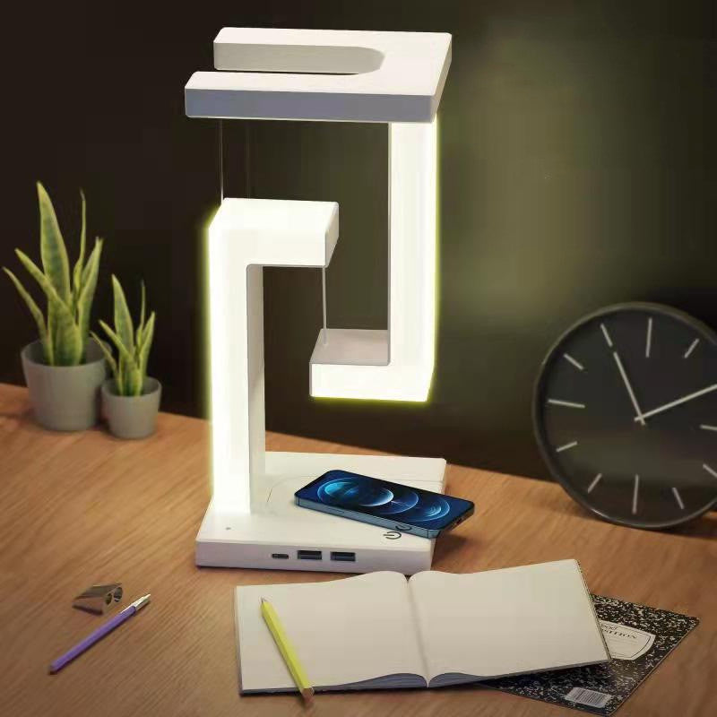 LuminaBalance: White GeoGlow Wireless Elegance Lamp