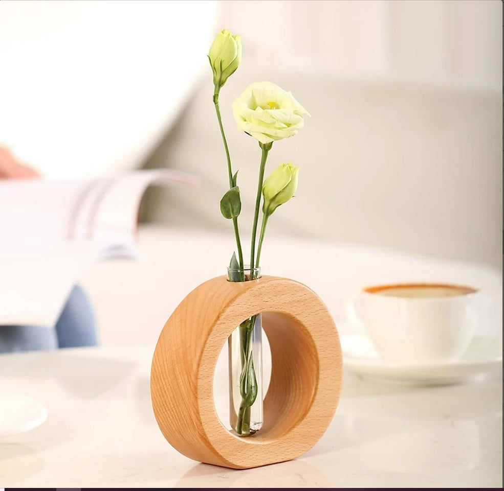 Hydroponic Glass And Beech Wood Vase